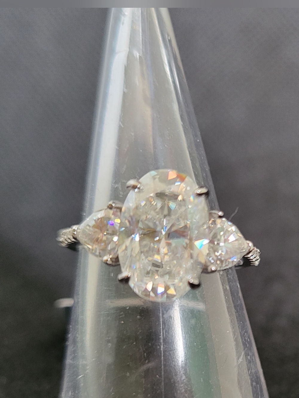 STUNNING! 5.72ct Oval & Trillion Three Stone Moissanite Ring